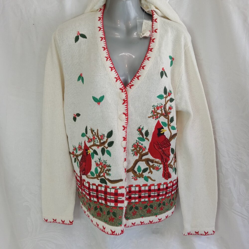 NWT White Stag L Cardinal Embroidered Embellished White Knit Cardigan 12/14 Vtg